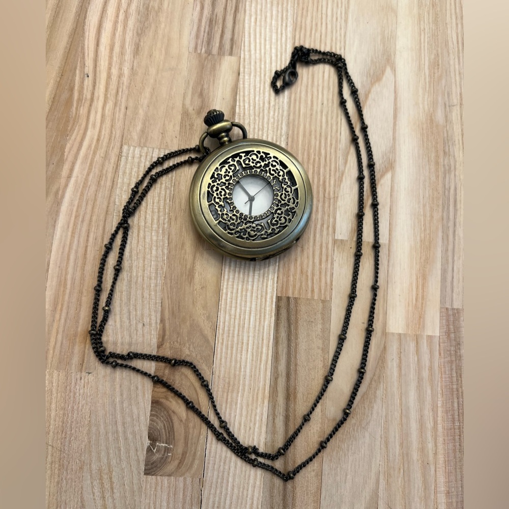Brass Steampunk Filigree Pocket Watch and Link Chain Vintage Beautiful
